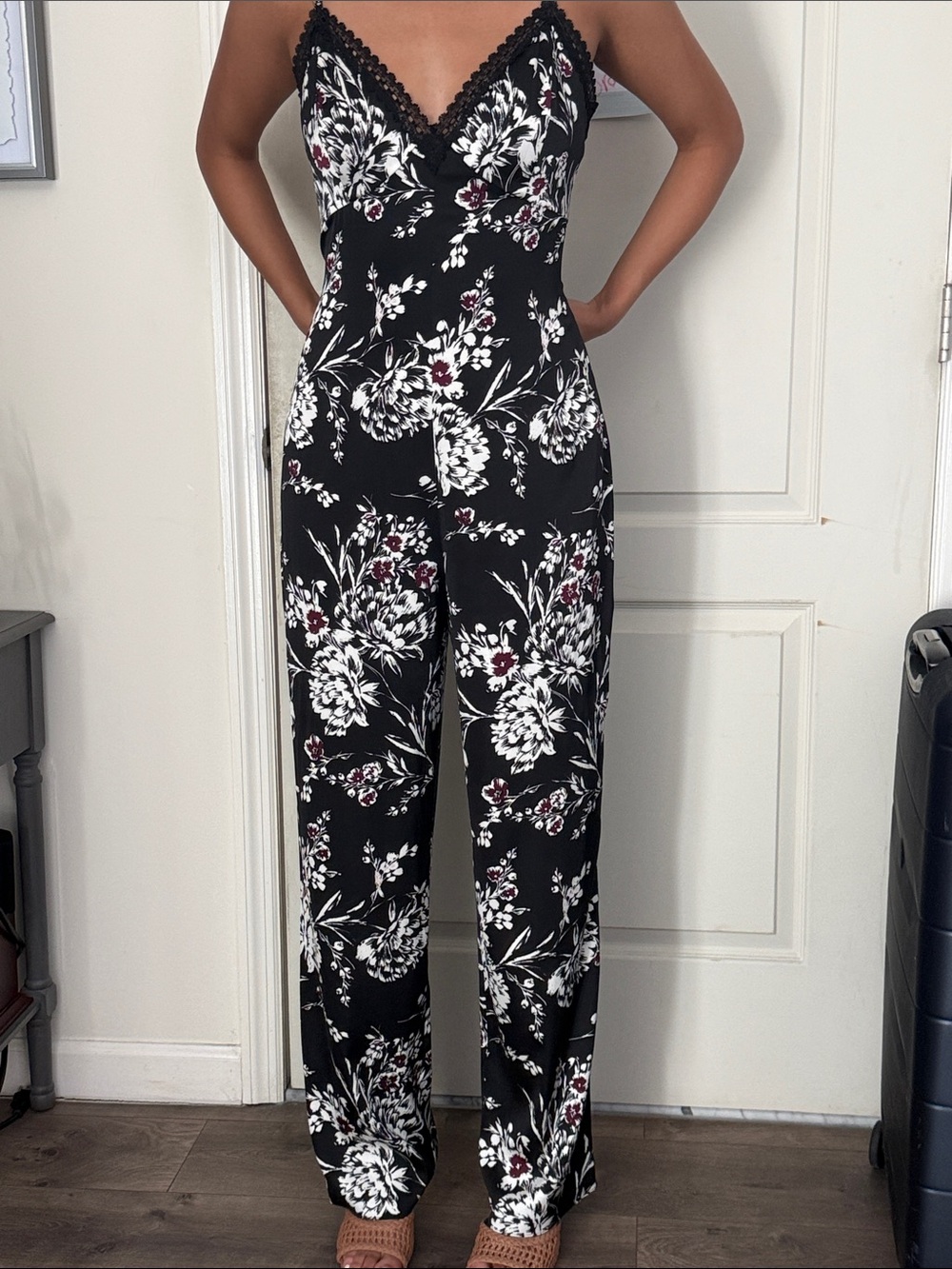 Floral Lace-Trim Black Jumpsuit with White & Burgundy Print
